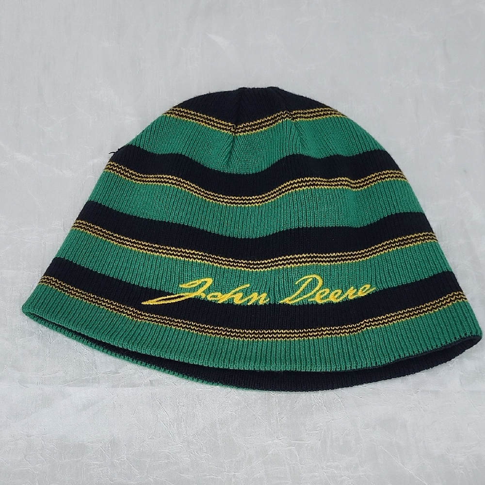 John Deere Green stripe Embroidered Beanie Hat Reversible
